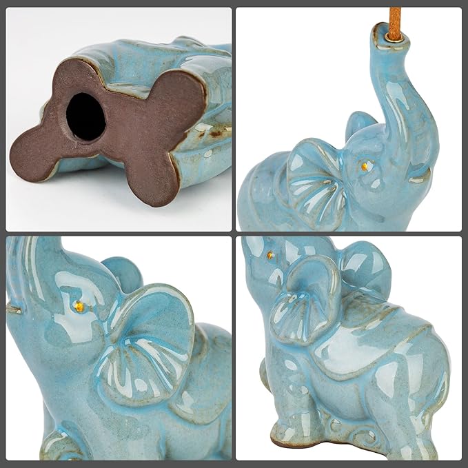 Cute Elephant Incense Holder with Wooden Coaster, Handmade Ceramic Burner, Animal Theme Incense Tray, Incense Burner for Home Decoration Accessories (Blue)