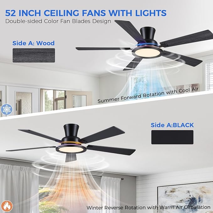 Ayaoty Ceiling Fans with Lights - 52in Flush Mount Ceiling Fan with RGB Dimmable, 3CCT 6 Wind Speeds and Reversible Quiet Motor, Low Profile RGB Fan Light for Modern Indoor, Party - Black