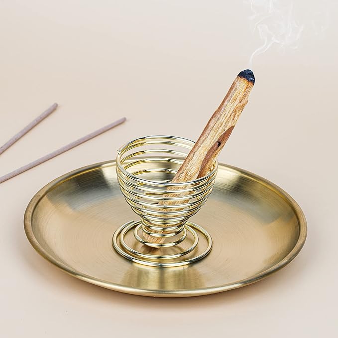 ZenBless 5 in 1 Incense Burner, Palo Santo Holder, Sage Holder, Incense Sticks/Coil/Cones, 5.5 inches Brass Ash Catcher for Meditation Yoga Room (Gold_2pcs)