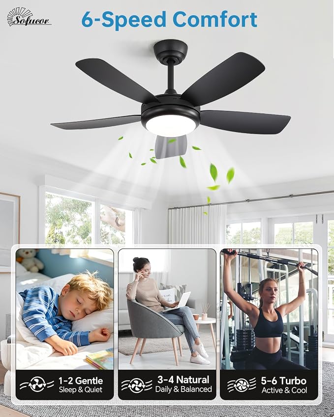 Sofucor 42 Inch Ceiling Fans with Lights-Modern Black Small Bedroom Ceiling Fan with Remote Control, Plug-in Blades Quick Install, Quiet DC Motor,Outdoor ABS Ceiling Fan for Kitchen/Living Room/Patios