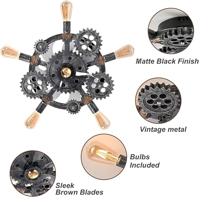 20" Retro Industrial Steampunk Ceiling Fans with Lights and Remote,Low Profile Flush Mount Bladeless Ceiling Fan with Light,Nautical Style 6 Speeds for Bedroom Kitchen Island Bar Cafe