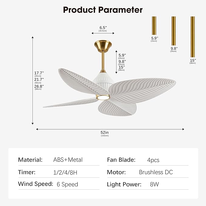 52" Tropical Ceiling Fans with Lights, Indoor Palm Leaf Ceiling Fan with Light and Remote for Living Room Bedroom, ABS Blades, Dimmable LED Lights, 6 Speeds, Adjustable Height-White Gold
