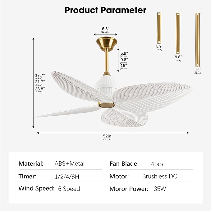 52" Tropical Ceiling Fans, Flush Mount Palm Leaf Ceiling Fan no Light, Indoor Ceiling Fans Without Light for Living Room Bedroom Kitchen Covered Gazebo, APP and Remote Control-White Gold