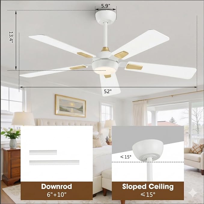 52 Inch White Ceiling Fan with Light and Remote, Modern Ceiling Fan with 6-Speed Reversible Motor, Dimmable LED 3CCT for Bedroom Living Room Apartment