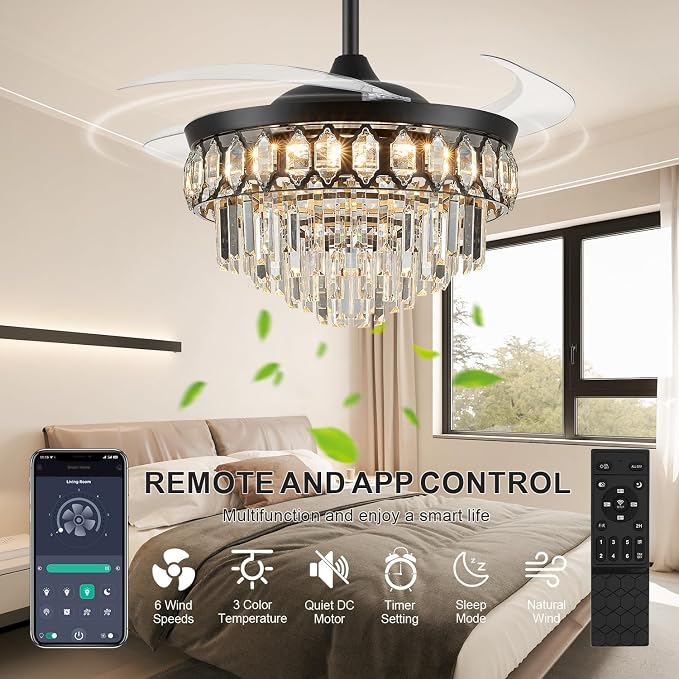 FIDGRA 48 Inch Fandelier Ceiling Fan with Light, Retractable Ceiling Fan with Lights Chandelier Fan for Bedroom, Living Room, 3 Color Temperature, 6 Wind Speed-Black