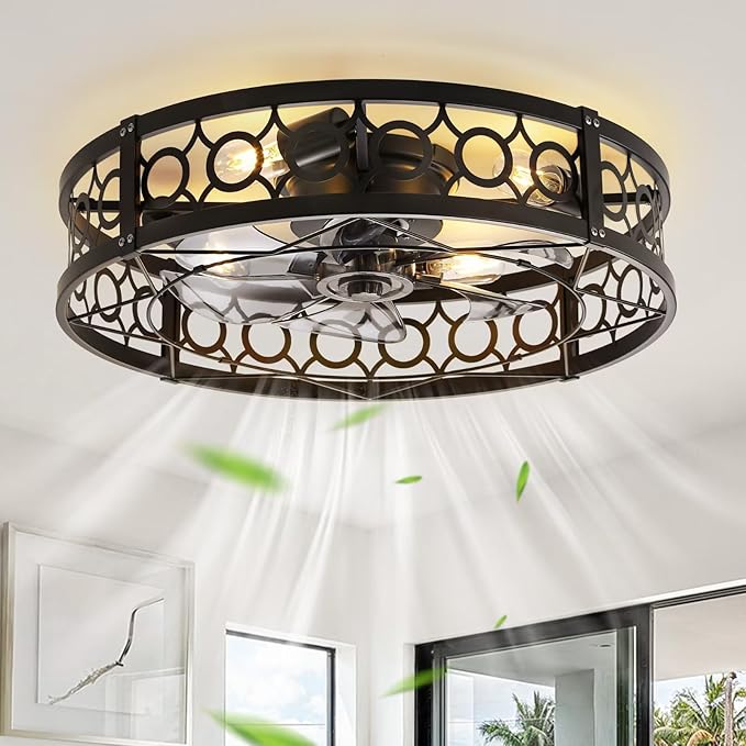LEDIARY Caged Flush Mount Ceiling Fans with Lights, 23 Inch Farmhouse Low Profile Black Ceiling Fan with Remote, Small Bladeless Fan Lights Ceiling Fixtures for Bedroom, Kitchen- Black