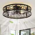 LEDIARY Caged Flush Mount Ceiling Fans with Lights, 23 Inch Farmhouse Low Profile Black Ceiling Fan with Remote, Small Bladeless Fan Lights Ceiling Fixtures for Bedroom, Kitchen- Black