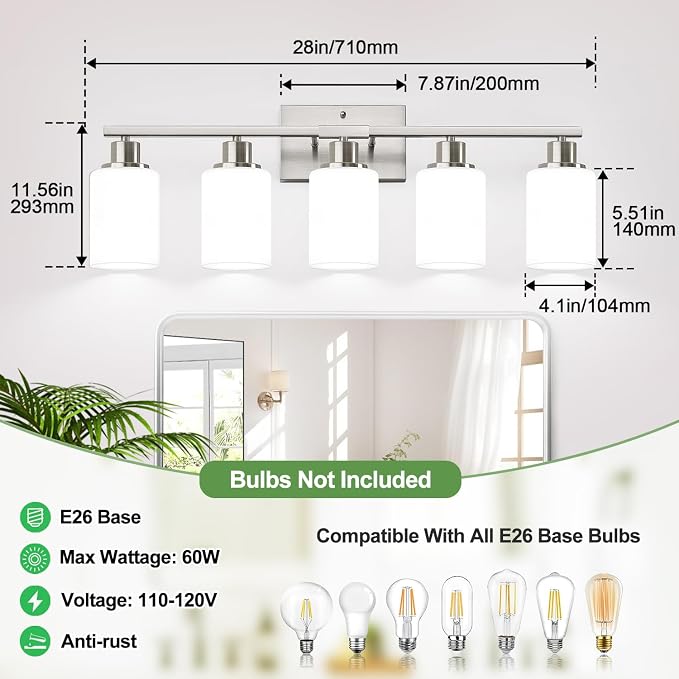 Indoi 5-Light Bathroom Light Fixtures, Brushed Nickel Modern Vanity Lights with Milky White Shades, Bathroom Wall Lamp for Mirror Living Room Cabinet Bedroom Porch