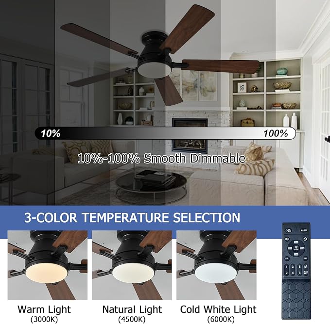 Ayaoty 54 inch Ceiling Fans with Lights and Remote, Low Profile Ceiling Fan with Light, Flush Mount, Reversible, 3CCT, Dimmable, Noiseless, White Ceiling Fan for Bedroom, Indoor/Outdoor Use