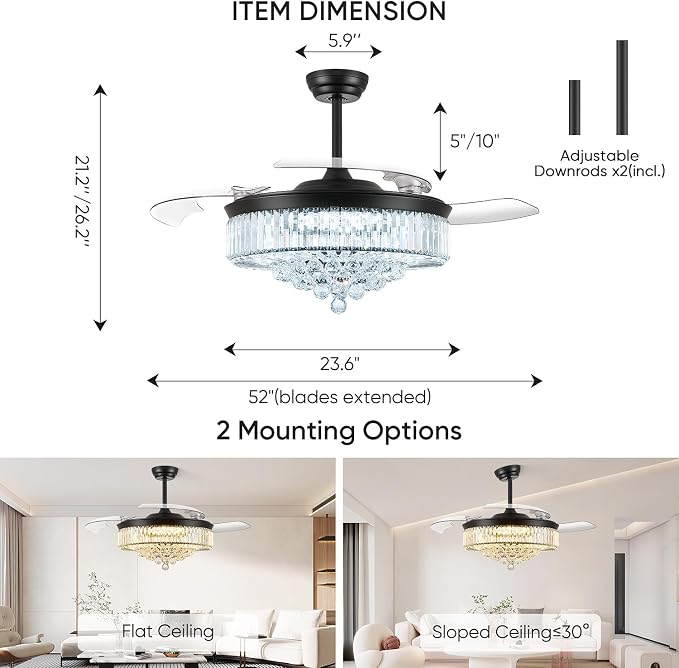 FIDGRA 52 Inch Fandelier Ceiling Fan with Light, Retractable Chandelier Fan, 3 Color Temperature, 6 Wind Speed, Crystal Ceiling Fan for Bedroom Living Room Dining Room-Black