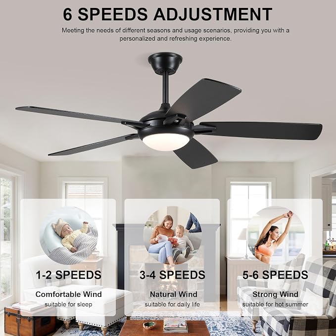 Kviflon 52 Inch Ceiling Fans with Lights and Remote, Modern Indoor Outdoor Ceiling Fan for Bedroom Living Room Patio Porch, 6 Speeds, Reversible Quiet Motor, Dual Finish Wooden Blades, Black