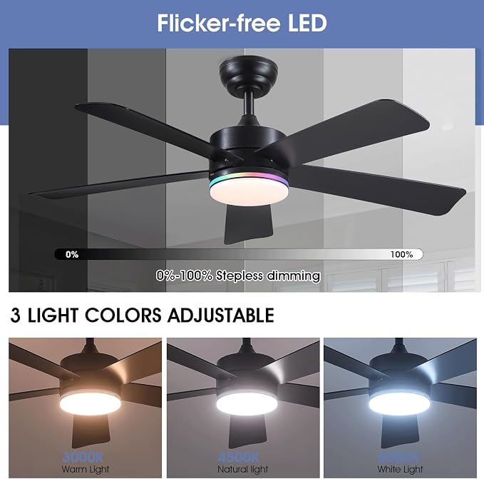 SHIHOT 46" Black Modern RGB Ceiling Fans with Lights for Bedroom Kids room | 14 RGB Modes ,6 Wind Speeds, Reversible, Dimmable 3 CCT LED, 35W Quiet DC Motor,6 Double-Sided Blades,for Bedroom Kidsroom