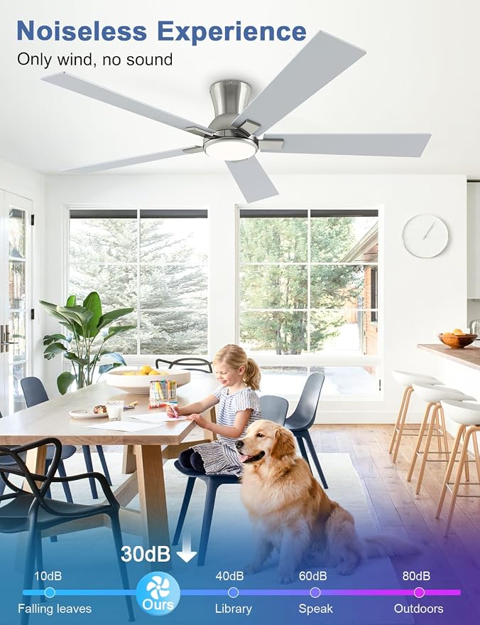 60 Inch Brushed Nickel Flush Mount Ceiling Fans with Lights, 3CCT Dimmable LED, 6-Speed Remote Control, Reversible Motor,Quiet Low Profile Energy-Efficient for Bedroom & Living Room,ETL Listed