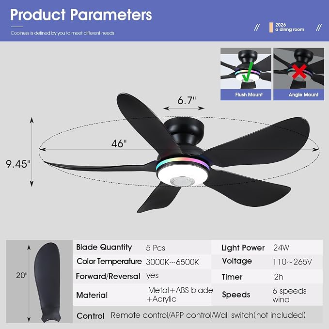 Kviflon 46" Ceiling Fans with RGB Lights Remote/APP Control, Low Profile, 3 CCT Dimmable White Lights+RGB Ring Lights+Music Player, 5 Reversible Plastic Blades 6 Speeds for Kidsroom, Black