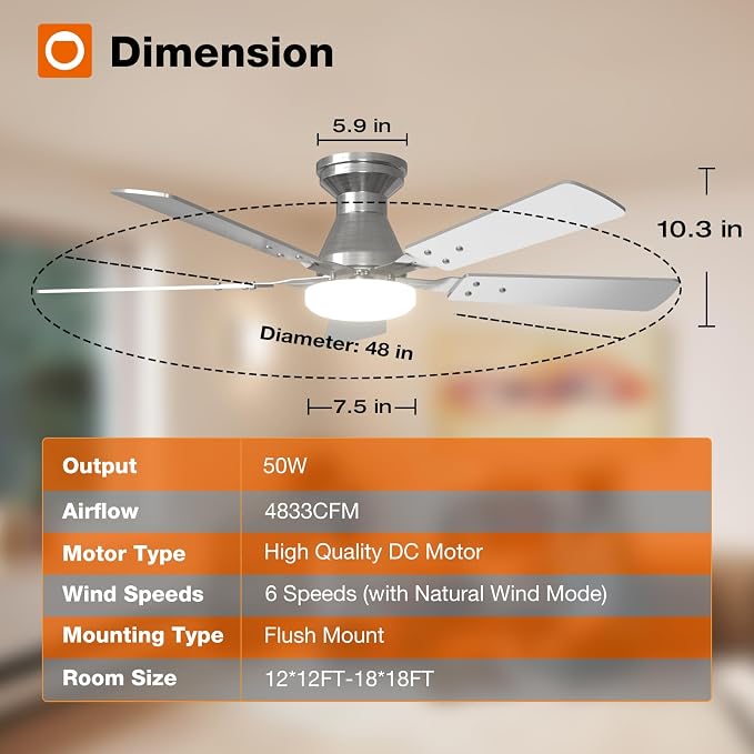 addlon 2 Pack Ceiling Fans with Lights, 48 inch Nickel Ceiling Fan with Light and Remote Control, Reversible, 3CCT, Dimmable, Noiseless, Ceiling Fan for Bedroom, Farmhouse, Indoor/Outdoor Use