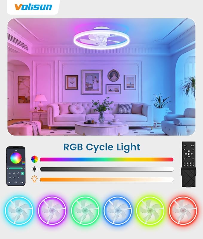 VOLISUN RGB Ceiling Fans with Lights and Remote, 20in Low Profile Ceiling Fans with Lights Flush Mount, 3000K-6500K Dimmable Fandelier LED Fan Light, White Bladeless Ceiling Fans for Bedroom