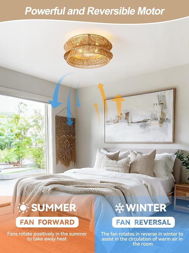 Boho Ceiling Fan with Light, 20'' Coastal Caged Ceiling Fans with Lights and Remote Control, Rattan Flush Mount Fandelier with Reversible 6 Speeds, Low Profile for Bedroom Living Room Dining Room