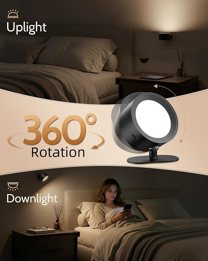 LED Wall Mounted Lights, Rechargeable Wall Sconces, 3 Color Temps, Remote & Touch, 360° Rotating and Dimmable for Bedroom, Bedside & Reading (Black, 2 Pack)