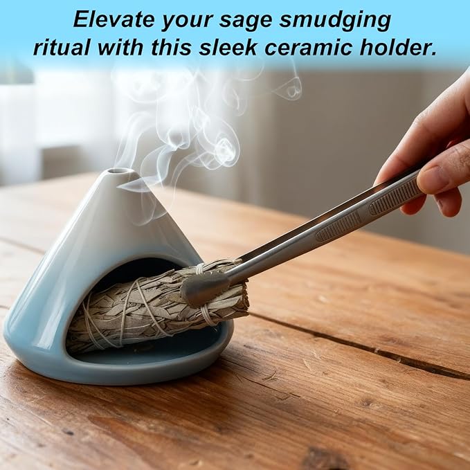 Ceramic Sage Smudging Holder, Pyramid Design Incense Burner with Smoke Outlet, 4.7 x 4.5 x 0.39 Inch, Black and White Glazed Finish (Blue)