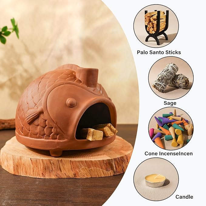 MOUGIGI Large Fish-Shaped Terracotta Palo Santo Holder - Cone Burner for Sage,Chiminea Incense Dish with Chimney,Ideal for Meditation, Zen, Yoga, Spa & Wellness | Anxiety & Stress Relief Items
