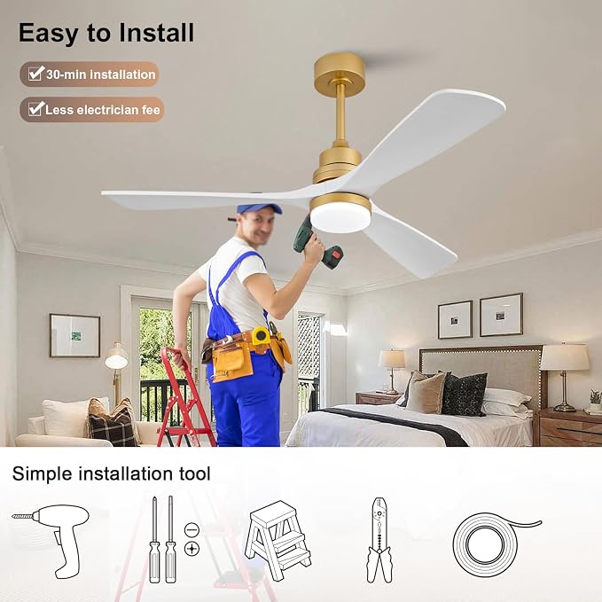 52 Inch Wood Ceiling Fans with Lights and Remote, White Gold Outdoor Ceiling Fan with Light, Dimmable 3 Blades Outdoor Fans for Patios Noiseless Modern Ceiling Fans for Bedroom Living Room