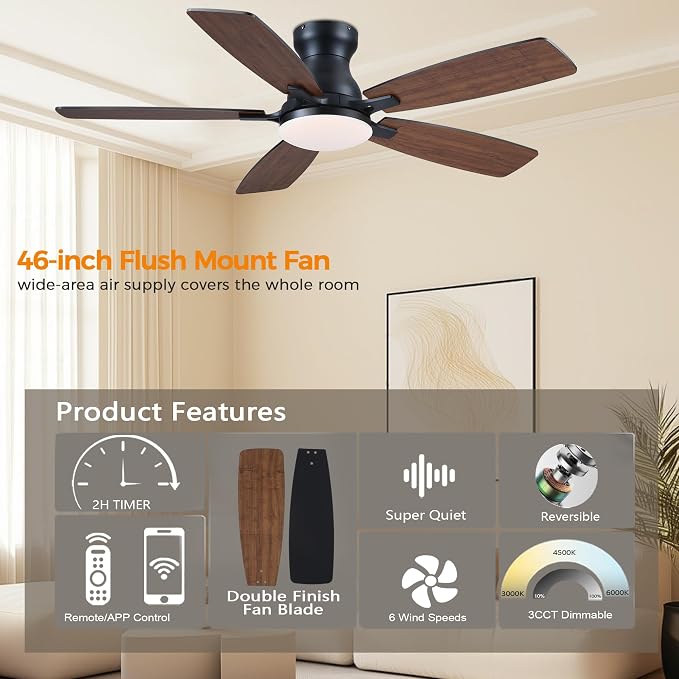 JSAITEE 46 Inch Low Profile Flush Mount Ceiling Fan with Lights, Brown | 46In Flush Mount Ceiling Fan with 3CCT Dimmable, 6 Wind Speeds and Timing, Low Profile Fan for Modern