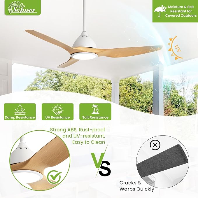 Sofucor 52 Inch Outdoor Ceiling Fans with Lights, Indoor Modern Ceiling Fan with 3 Plastic Blade, Quiet, Dimmable, High 7000CFM 6-Speed 3-Timer Reversible DC Motor, for Bedroom Living Room, Log-color