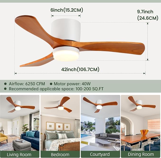 GESUM 42" Flush Mount Ceiling Fan with Lights3 Wood Blades, Reversible,Dimmable, Low Profile Ceiling Fan with Remote Control for Living Room Kitchen Bedroom(White+Wood)
