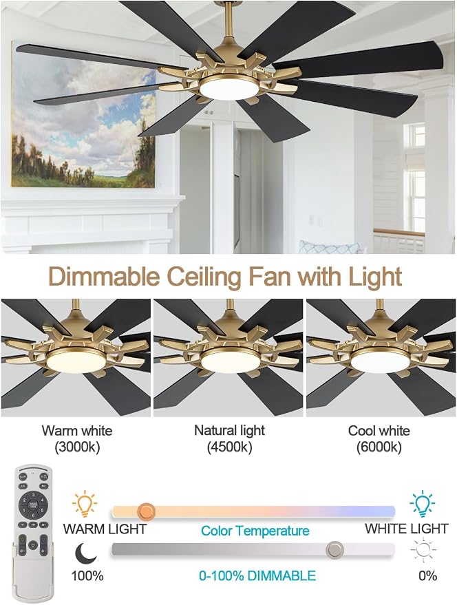 60" Black and Gold Ceiling Fan with Lights and Remote, LargeFandelier Ceiling Fan Modern Chandelier 3CCT LED Light for Living Room Indoor Porch, Reversible Quiet DC Motor 6 Speeds