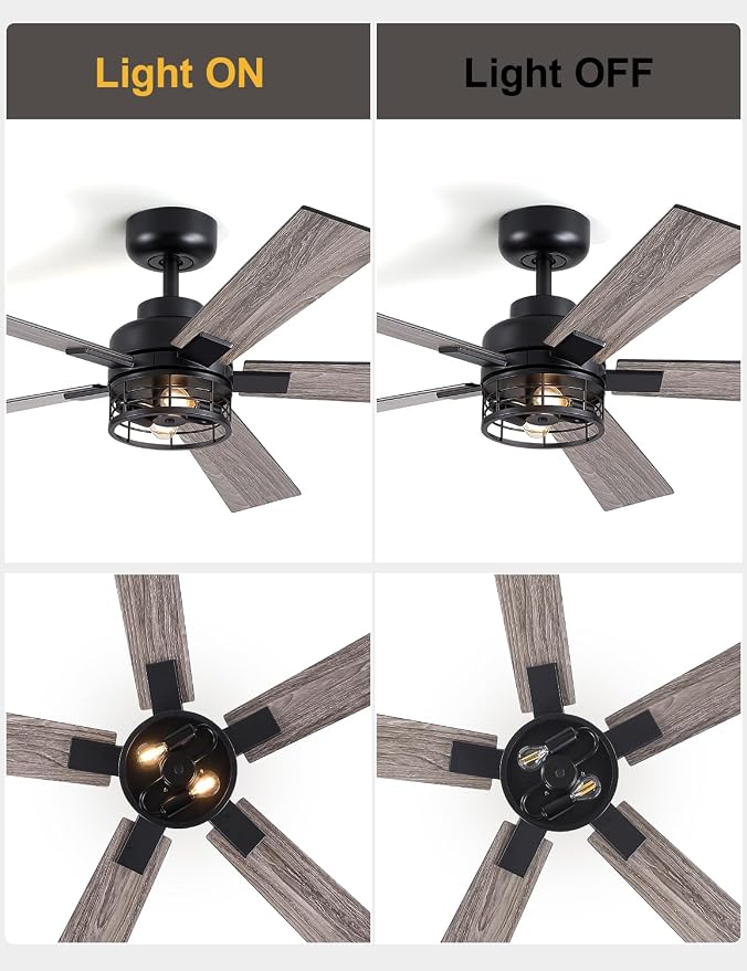 52 Inch Farmhouse Ceiling Fans with Lights and Remote, Black Industrial Caged Ceiling Fans for Bedroom, Living Room, 6-Speed Reversible Quiet DC Motor, Rustic Design