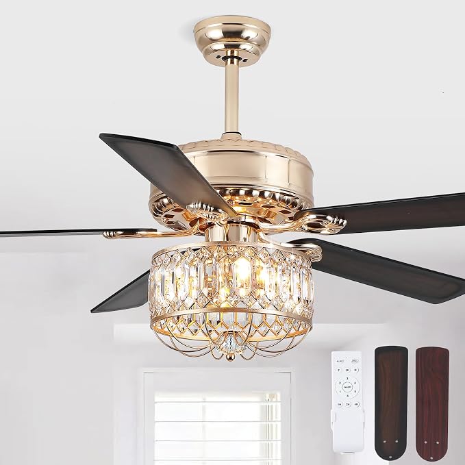 Kviflon Farmhouse Crystal Ceiling Fans with Lights and Remote, 52 Inch Chandelier Ceiling Fans, Gold Fandelier Ceiling Fan for Bedroom Living Room, Quiet DC Motor, Reversible, Bulb not Included