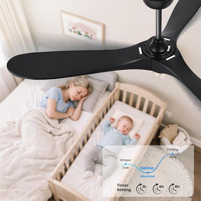 heimo 60 Inch Black Ceiling Fan No Light，Indoor Outdoor 3 Blade Wood Ceiling Fans Without Lights for Patios Bedroom Living Room Farmhouse Big Outside Fan for Sloped Angled Ceiling