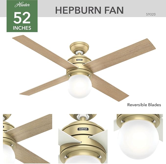 Hunter Hepburn, Indoor, Ceiling Fan, with LED Light, 52 inch, Modern Brass | Standard Mount, Wall Control, 4 Blades, For Bedroom, Living Room, Kitchen, 59320, Includes Bulbs, 59320