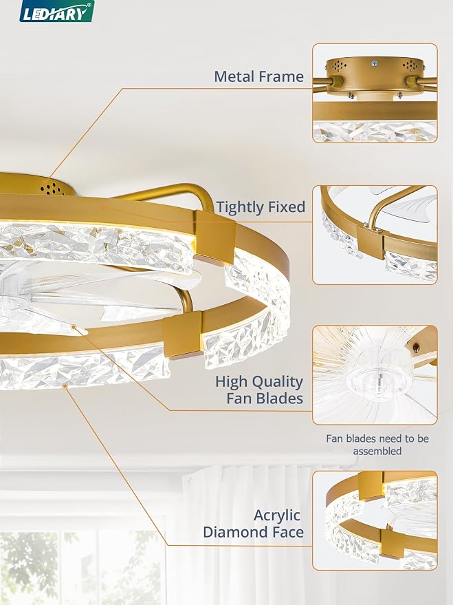 LEDIARY 24 Inch Low Profile Ceiling Fans with Lights and Remote, Flush Mount Fandelier Ceiling Fan, 3000K-6000K Dimmable LED Fan Light, Gold Modern Ceiling Fans with Lights for Bedroom