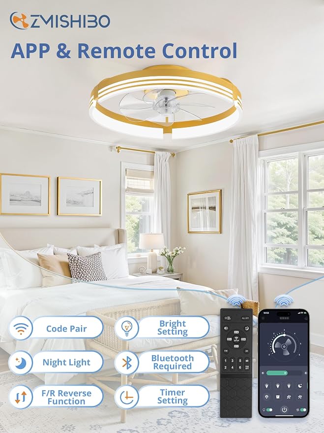 ZMISHIBO Low Profile Ceiling Fans with Lights and Remote, 20 Inch Flush Mount Ceiling Fan with Light, 3000K-6000K Dimmable Fandelier LED Fan Light, 6 Wind Speeds Gold Ceiling Fans for Bedroom