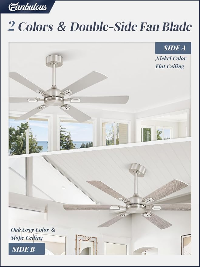 Fanbulous 52 Inch Ceiling Fans No Light with Remote, Modern Ceiling Fan Without Light, Dual Finish 6 Blades, Reversible Quiet DC Motor, 6 Speed, Large Ceiling Fan for Indoor or Covered Outdoor, Nickel