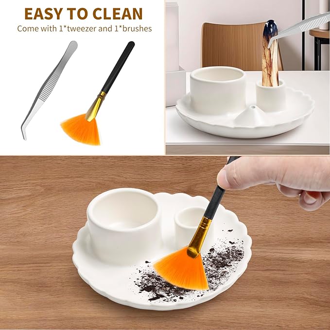 4 in 1 Incense Holder, Palo Santo Holder for Burning Sage, Sticks & Candle, Ceramic Incense Burner， 5.3" Ceramic Ash Catcher Tray for Meditation Room Home Decor