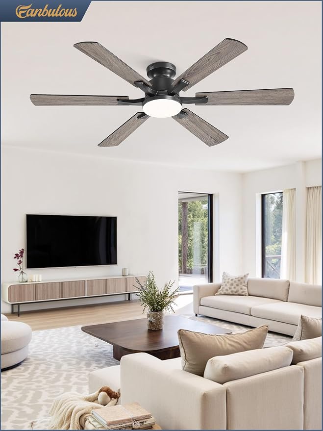 Fanbulous 52 Inch Ceiling Fan with Lights, APP & Remote Control, Flush Mount Low Profile Black Ceiling Fan, 3000-6000K Dimmable LED, Quiet Reversible Motor, 6 Blades, 6 Speeds, for Bedroom Living Room