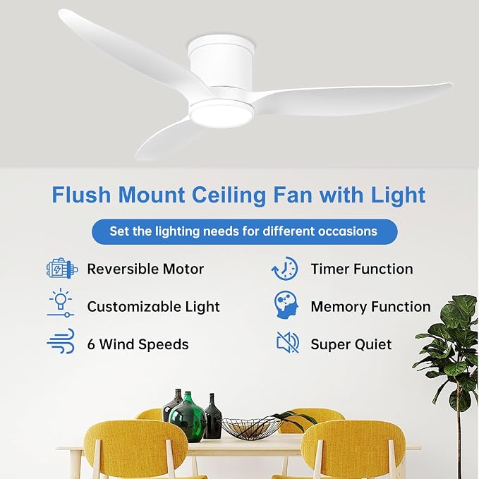 52 Inch Ceiling Fan with Light and Remote, Indoor White Ceiling Fan Low Profile Flush Mount with Dimmable LED Light, Reversible Motor for Bedroom, Living Room