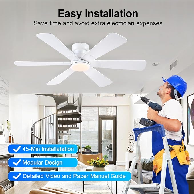 52 inch Ceiling Fans with Lights, Ceiling Fan with Remote APP, Dual-Sided Modern/Rustic 6 Blades, Reversible, 3CCT, Flush Mount Low Profile Ceiling Fan with Lights Bedroom Kitchen Indoor White