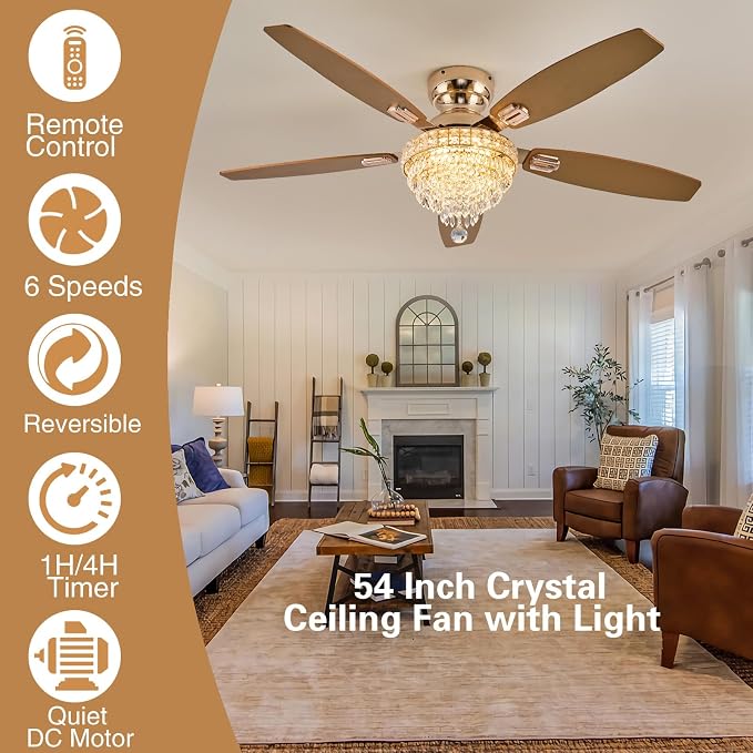 Crystal Ceiling Fan Fandelier with Lights-Ceiling Fans with Lights,54" Low Profile and Remote Control, Flush Mount, Reversible, Dimmable, Noiseless,Gold Ceiling Fan for Bedroom