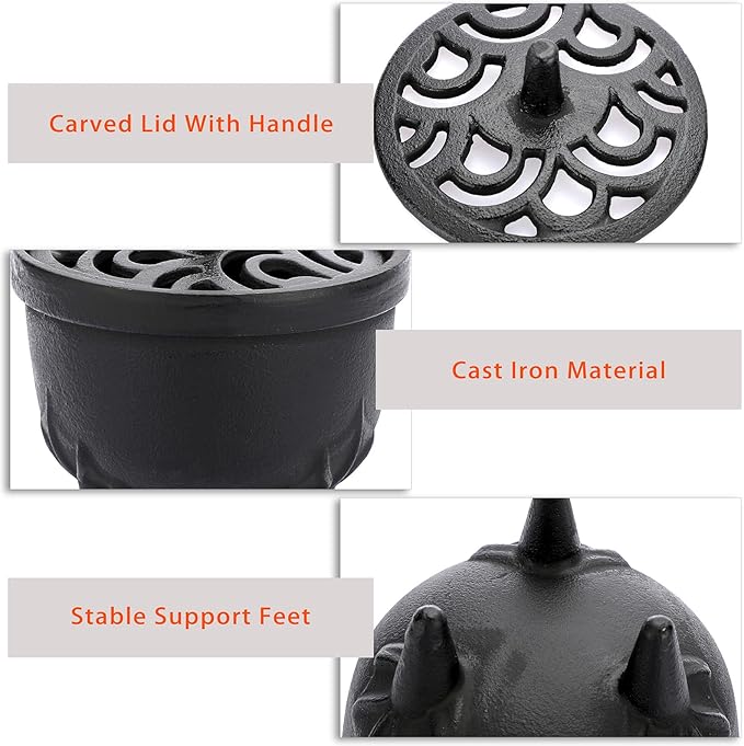 JUXYES Vintage Tripod Incense Burner Holder with Lid, Cast Iron Incense Holder Metal Cauldron Censer Antique Cone Coil Incense Burner Holder for Incense Resins, Cones, Charcoal or Wax Melts