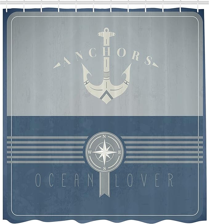 Ambesonne Nautical Shower Curtain, Vintage Marine Design for Ocean Lovers Anchor Compass and Stripes, Cloth Fabric Bathroom Decor Set with Hooks, 69" W x 70" L, Blue Grey