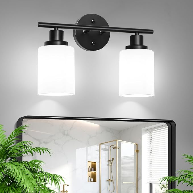 Unicozin 2 Light Bathroom Light Fixtures, Modern Vanity Lights with Milky Glass Shade, Black Wall Lamp Over Mirror for Bathroom, Living Room, Cabinet, Bedroom, E26 Base