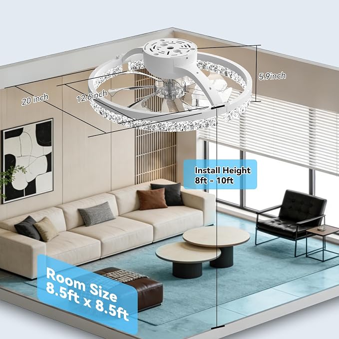 AIKVSXER Ceiling Fans with Lights and Remote, 20'' Low Profile Ceiling Fan with APP Control, 3000K-6500K Dimmable, Quiet Reversible DC, Modern Flush Mount Fandelier for Bedroom (White-Crystal)