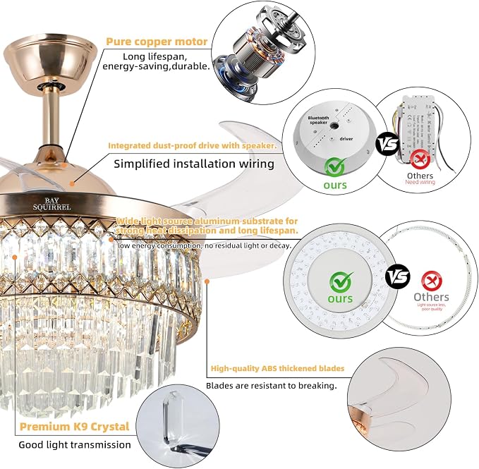 Retractable Crystal Ceiling Fan with Lights and Remote/APP Control, Bluetooth Ceiling Fan with Speaker, 6-Speed Reversible Blades, RGB Light, Invisible Fandelier for Bedroom Dinning Room 42"