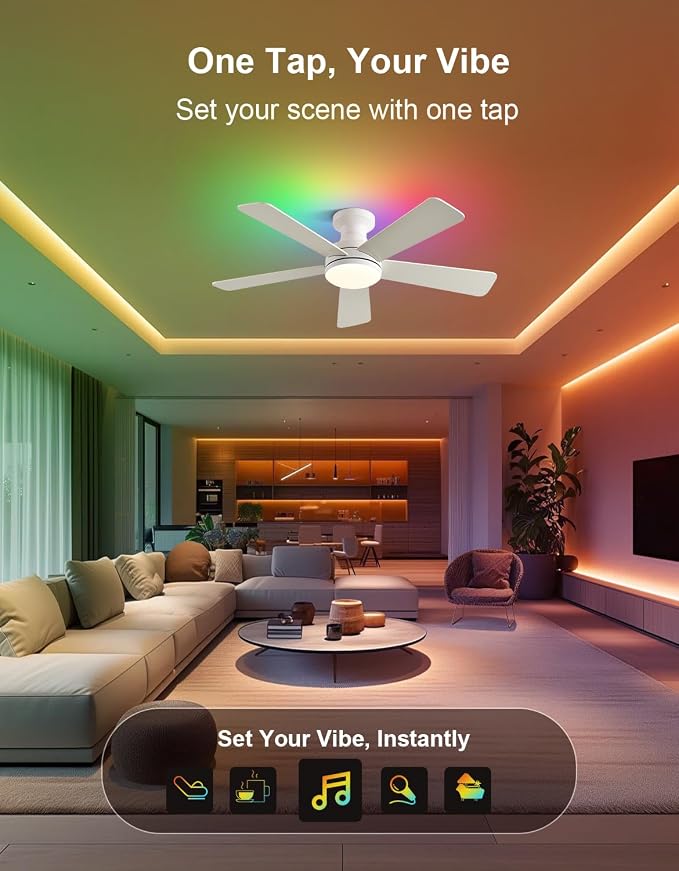 42" RGB Ceiling Fan with Light, App & Remote Controlled Flush Mount Ceiling Fan, Music Sync Lighting, 6-Speed Quiet Reversible DC Motor, 4CCT Dimmable for Bedroom Living Room, White