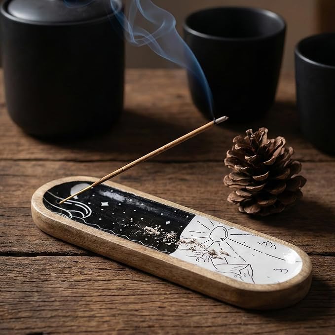 The Art BoxWooden Incense Holder for Sticks – 12 Inch Ash Catcher Incense Burner Tray, Black & White Color, Modern Home Décor & Meditation Accessory