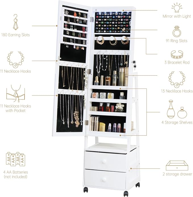 Jewelry Armoire Cabinet Organizer Standing with 20 LED Lights Lockable Full Length Mirror with Storage Shelves and 2 Drawers (White) Adjustable Tilt Angles Gift for Her