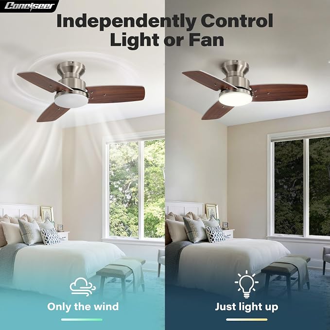 42 Inch Ceiling Fans with Lights and Remote, Bedroom Living Room Office, Flush Mount, 6CCT Dimmable, Dual Color 3 Blades 6 Speed Reversible Quiet DC Motor, Sand-Nickel/Wood Grain